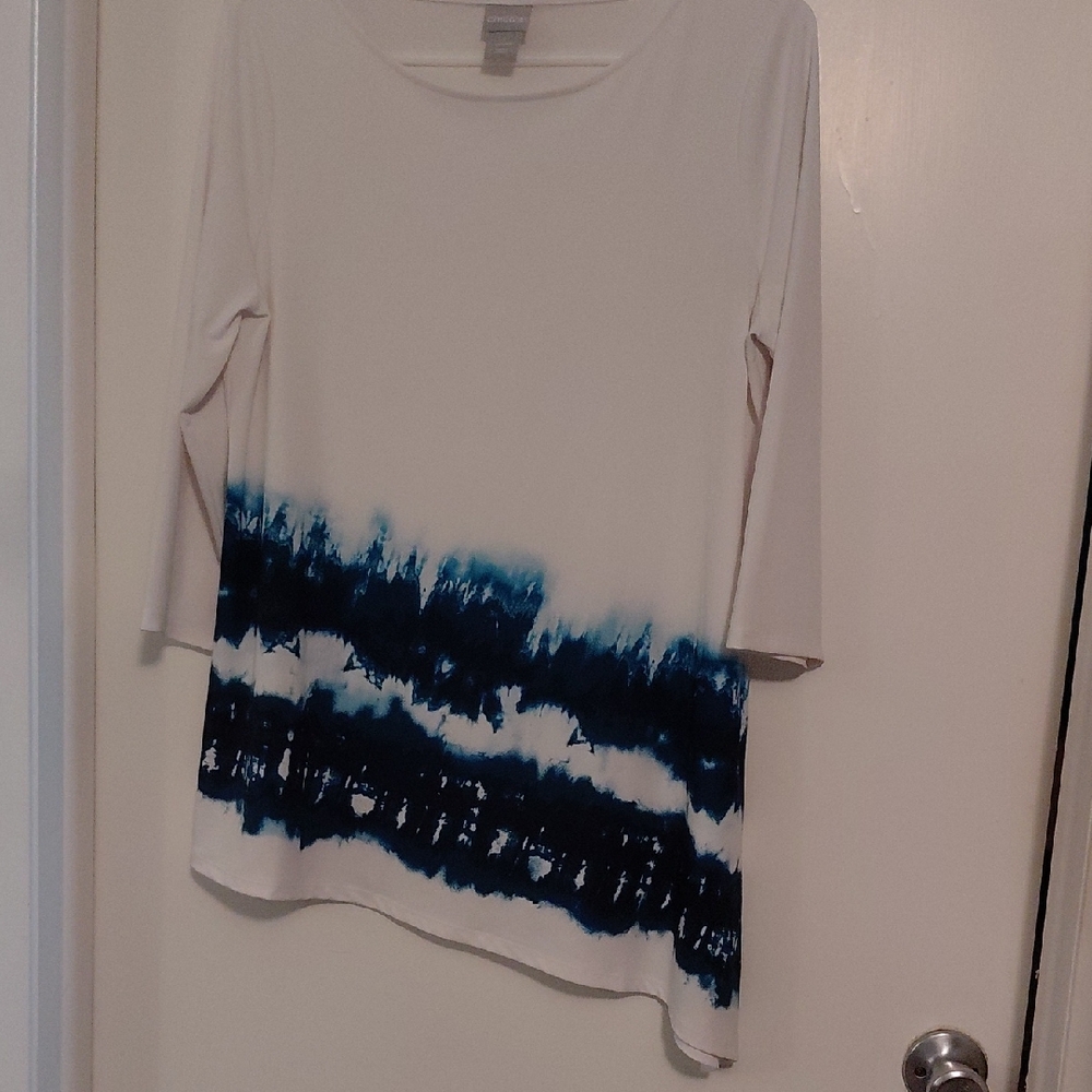 Chico's Navy and White, 3/4 Sleeve Asymetrical Tunic. Chico's Size 1, Medium.